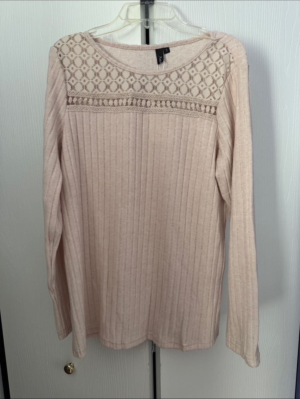 Ribbed Lace Yoke Long Sleeve Top - Light Pink